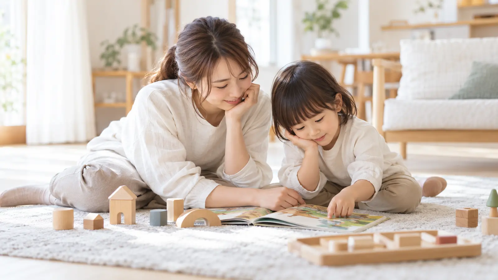 親子で一緒に本を見る様子