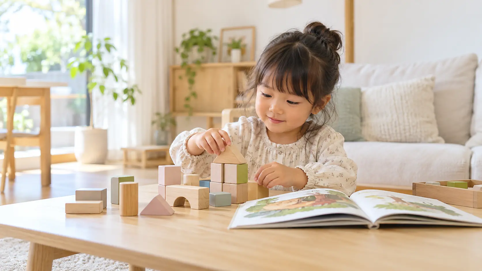 明るい部屋で積み木に触れる子ども